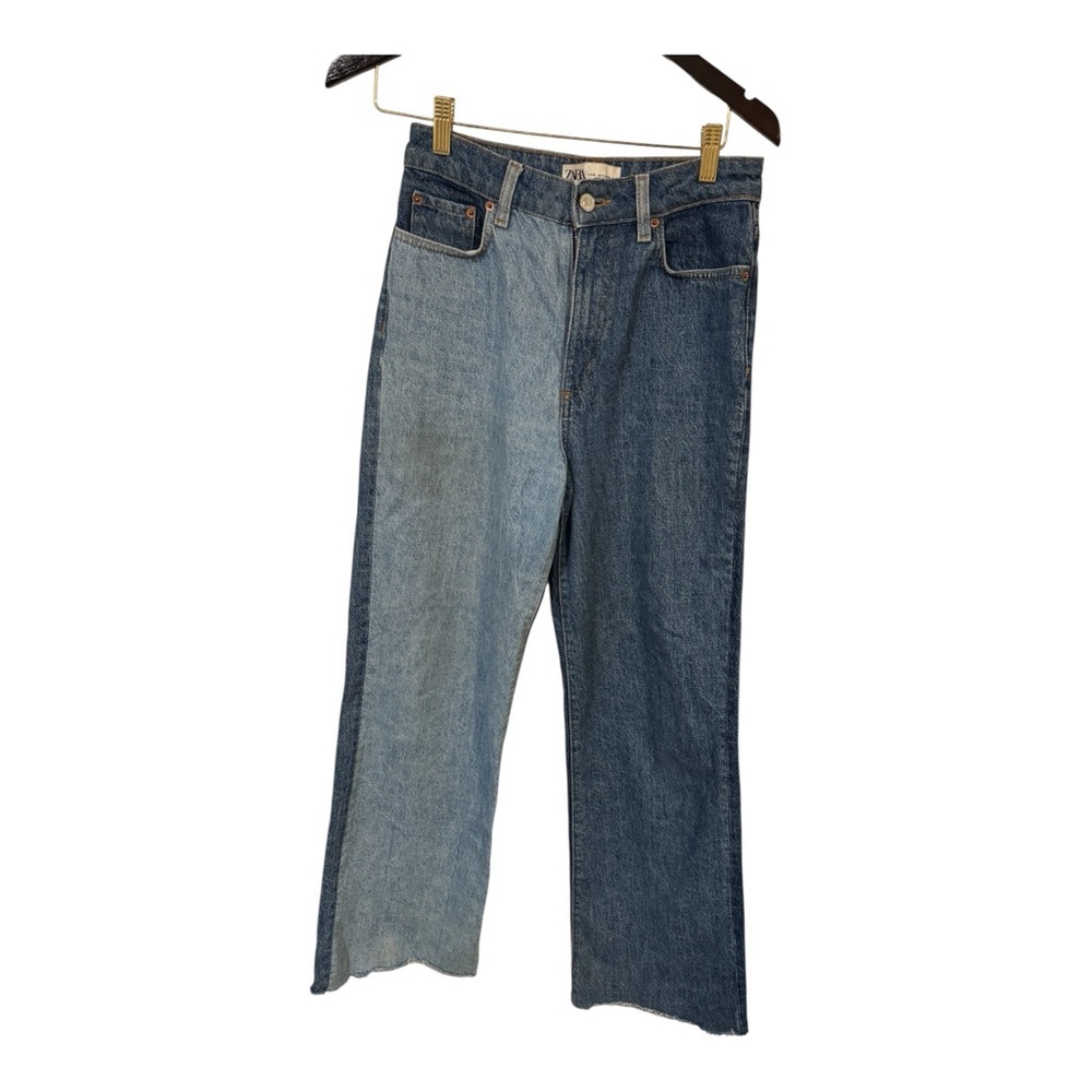 Zara Two Tone Colorblock Wide Leg Jeans Womens Size 4 High Rise Raw Hem Denim - Picture 2 of 7